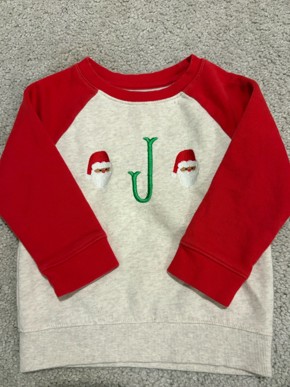 Kids Red & Cream Christmas Santa Applique Raglan sweatshirt  with J monogram